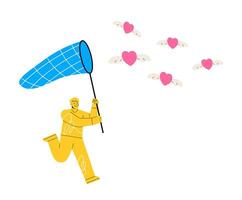 Man using butterfly net to catch flying passionate lovely heart. Searching for passion concept. Colorful illustration vector