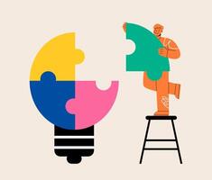Man assembling giant jigsaw puzzle. Cooperation. Business concept. Colorful illustration vector