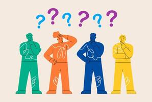 Man and woman with many of confused question marks. complicated questions or misunderstanding concept. Colorful illustration vector