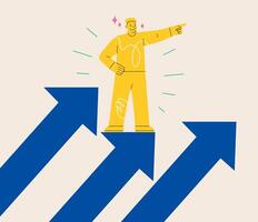 Man standing on arrow up moving up ladder achieving goals in business in work. Leadership, success, career ladder concept. Colorful illustration vector