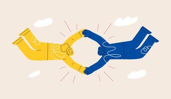 Woman and man together holding hands. Synchronization, team risk, help each other and trust concept. Colorful illustration vector