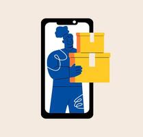 Express delivery of goods. Online order via a mobile app or online store. Female courier delivers a parcels and boxes with orders. Colorful illustration vector