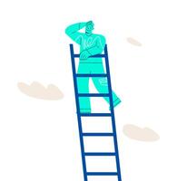 Man looks into the future at the top of ladder. New business ideas. Concept of choosing the direction of development. Colorful illustration vector