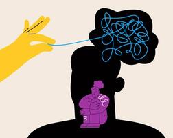 Helping hands unravel the clutter of thoughts of a woman with mental disorders. Psychology concept. Colorful illustration vector
