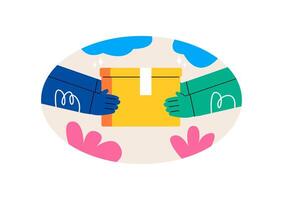 Courier giving shipping object to customer. Hands of client receiving parcel. Express delivery. Colorful illustration vector