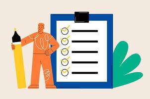 Man holding a highlighter at large complete checklist with tick mark. Time management, checklist and successful self organisation concept. Colorful illustration vector