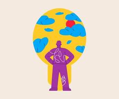 Man looking out, light bulb hole as a door shaped. Colorful illustration vector