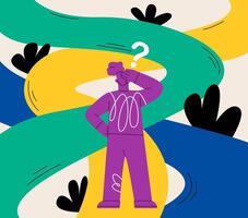 Confused woman thinking make decision on multiple route ahead. Paradox of choice concept. Colorful illustration vector
