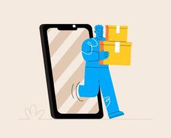 Express delivery of goods. Online order via a mobile app or online store. Male courier delivers a parcels and boxes with orders. Colorful illustration vector