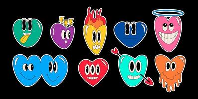 Cartoon heart stickers collection. Set of trendy cute funny patches. vector