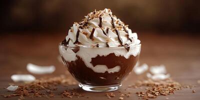 Decadent chocolate dessert with whipped cream and chocolate drizzle served in a glass bowl photo