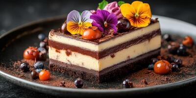 Delicious layered dessert featuring chocolate and cream garnished with edible flowers and berries at a dining setting photo