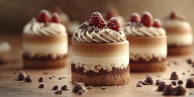 Delicious layered cake with chocolate and raspberry toppings on a wooden table at a cozy dessert shop photo