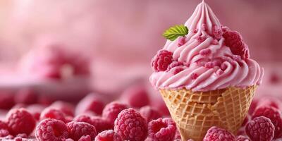 Delicious raspberry swirl ice cream cone topped with fresh raspberries sitting on a pink background photo
