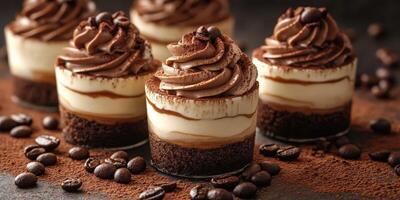 Chocolate mousse desserts arranged on a dark surface with coffee beans and cocoa powder for an elegant table presentation photo