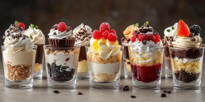 Delicious assortment of dessert cups filled with cakes and creams on a dark background photo