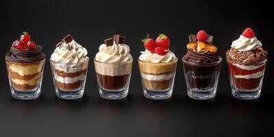 Delicious layered desserts displayed in small glass cups with various toppings ready for enjoyment photo