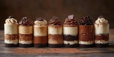 Delicious layered desserts arranged on a rustic wooden table with rich chocolate and cream toppings photo