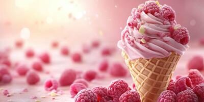 Delicious raspberry swirl ice cream in a waffle cone with fresh raspberries scattered around photo