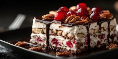 Rich chocolate layered dessert topped with cherries and pecans served on a black plate photo