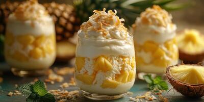 Delicious tropical dessert cups filled with pineapple and whipped cream topped with toasted coconut flakes photo