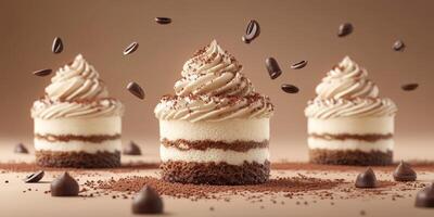 Delicate chocolate and coffee cupcakes surrounded by cocoa powder and coffee beans on a smooth brown surface photo