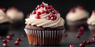 Chocolate cupcake with pomegranate seeds and cream frosting on a dark background photo