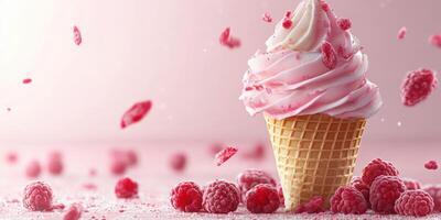 Sweet pink raspberry ice cream cone with fresh berries on a pastel background photo