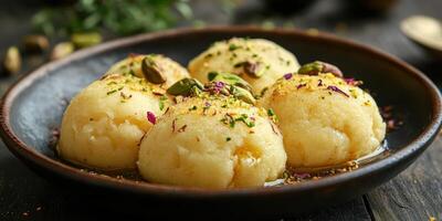 Delicious Indian sweets served on a rustic plate with garnishes in an inviting setting photo