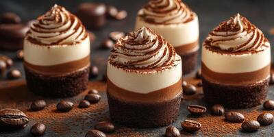 Delightful chocolate desserts topped with creamy swirls, adorned with coffee beans photo