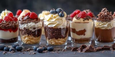 Decadent display of assorted desserts with layers of chocolate, cream, and fresh fruits served in clear cups photo