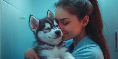 Emotional bond between a young woman and a husky puppy in a cozy indoor setting photo