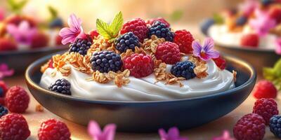 Fresh raspberry and blackberry yogurt bowl garnished with granola and edible flowers in warm sunlight photo
