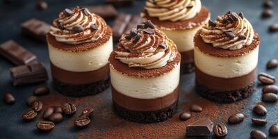 Indulgent chocolate coffee desserts arranged beautifully on a dark surface photo