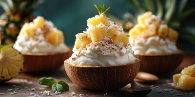 Tropical dessert served in coconut bowls with pineapple and coconut flakes on a wooden table photo