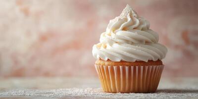 Delightful vanilla cupcake with creamy frosting on a rustic table setting photo