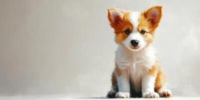 Corgi puppy sitting on a neutral background with playful expression and striking blue eyes photo