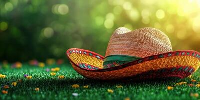 Colorful sombrero resting on grass in a sunny garden with flowers during a vibrant spring afternoon photo