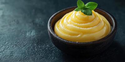 Delicious mango mousse dessert garnished with mint leaves in a dark bowl on a textured surface photo
