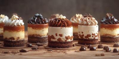Delicious assortment of individual chocolate and cream desserts arranged on a wooden surface in a bakery setting photo