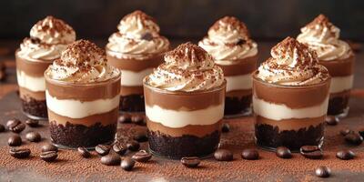 Chocolate dessert cups topped with whipped cream and cocoa served on a dark surface photo