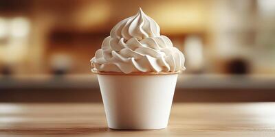 Delicious soft serve ice cream in a paper cup displayed on a wooden table in a cozy cafe setting photo