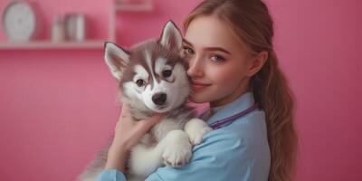 Young woman caring for a cute puppy in a vibrant veterinary clinic environment during a sunny morning photo