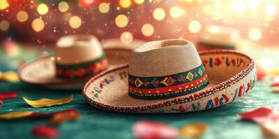 Colorful sombreros surrounded by festive decorations create a vibrant atmosphere for celebration in a warm setting photo