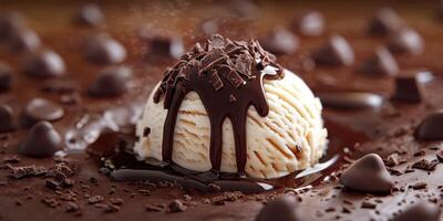 Indulgent chocolate dessert with dripping ice cream and chocolate shavings photo