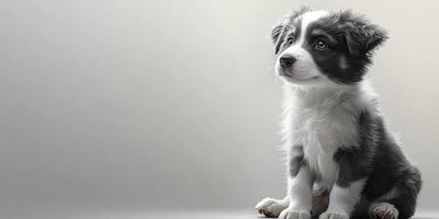 Cute puppy sits innocently on a light background during indoor photo session