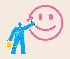Man paint face photo on the wall. Motivation to live happy life concept. Colorful illustration vector