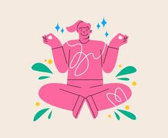 Smiling positive woman sitting meditating practicing yoga. Practicing meditation and healthy lifestyle concept. Colorful illustration vector