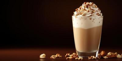 Creamy caramel coffee beverage topped with whipped cream and popcorn pieces in a cozy setting photo