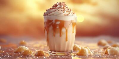 Creamy dessert beverage topped with whipped cream and nuts at sunset near a sandy beach photo